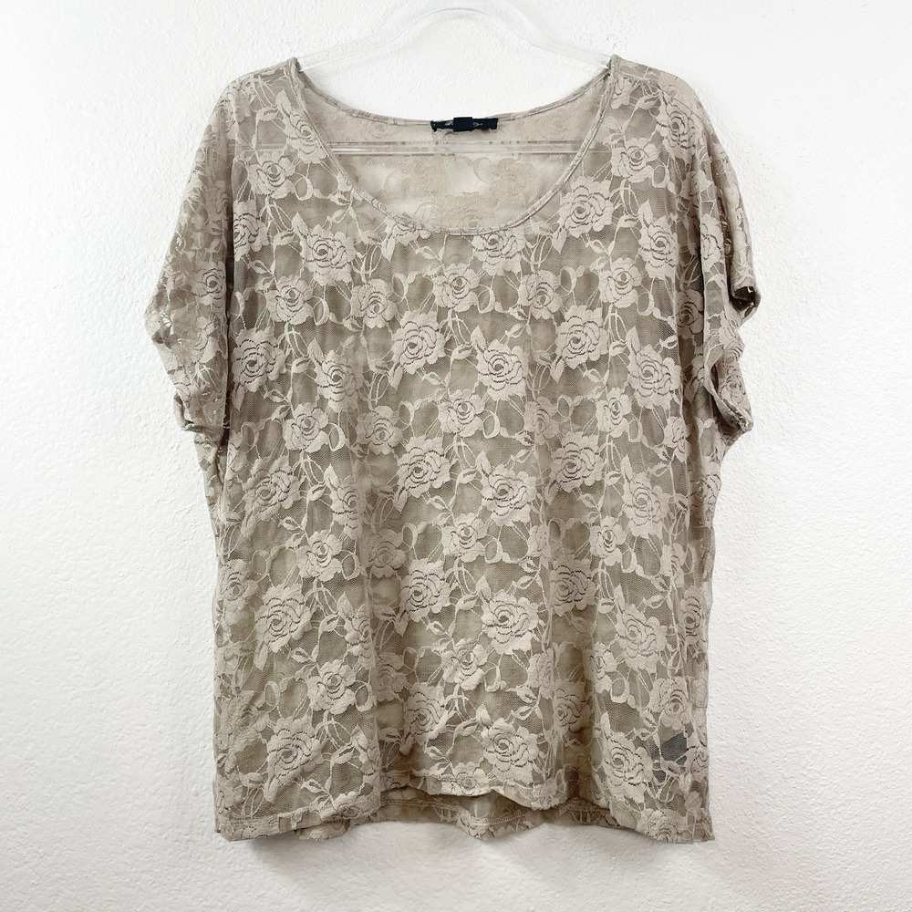 Forever 21 Beige Floral Lace Short Sleeve Sheer Top Boho Y2K‎ Romantic Womens L